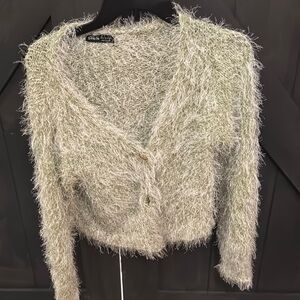 SHEIN Fuzzy Green Cream Gold Cardigan